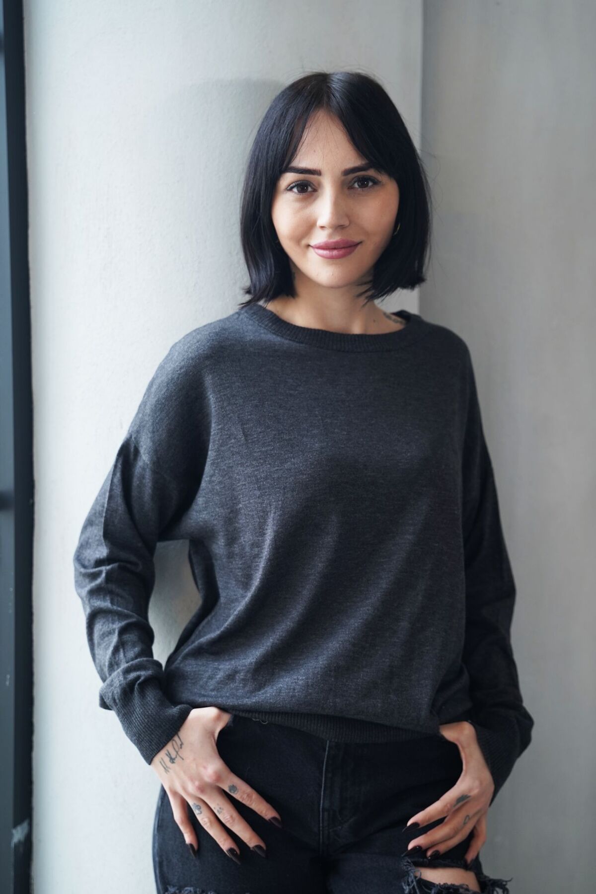 sumoda  Kadın Bisiklet Yaka Antrasit Triko Kazak