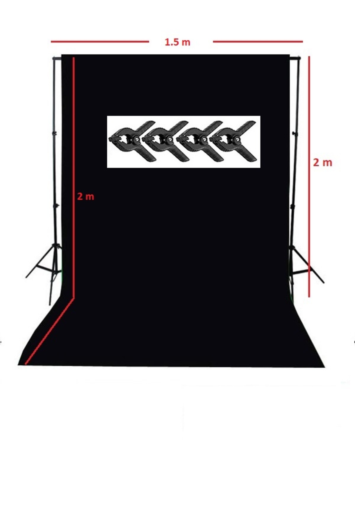 150x200 cm black screen siyah fon perde ve taşınabilir 2 ayaklı fon standı + 4 ADET FON MANDALI