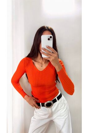 Azimutgiyim Kadın Ftilli V Yaka Triko Bluz Turuncu