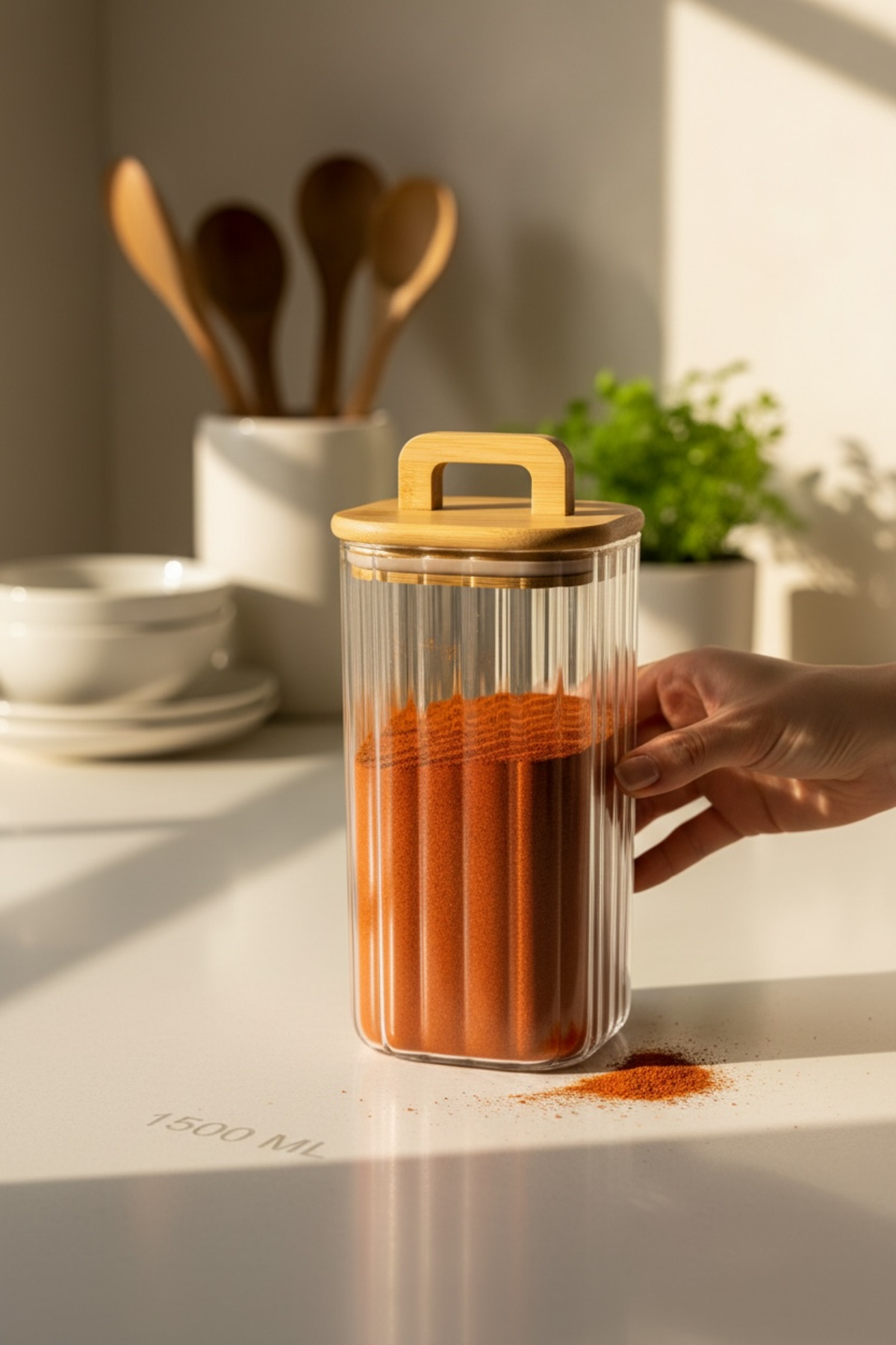 Bambu Kapaklı 1500 ml Line (Çizgili) Cam Saklama Kavanozu