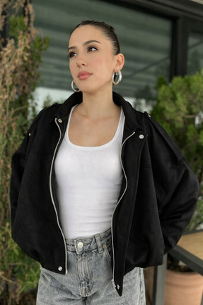 Rich Kadın Siyah Oversize Süet Bomber Ceket