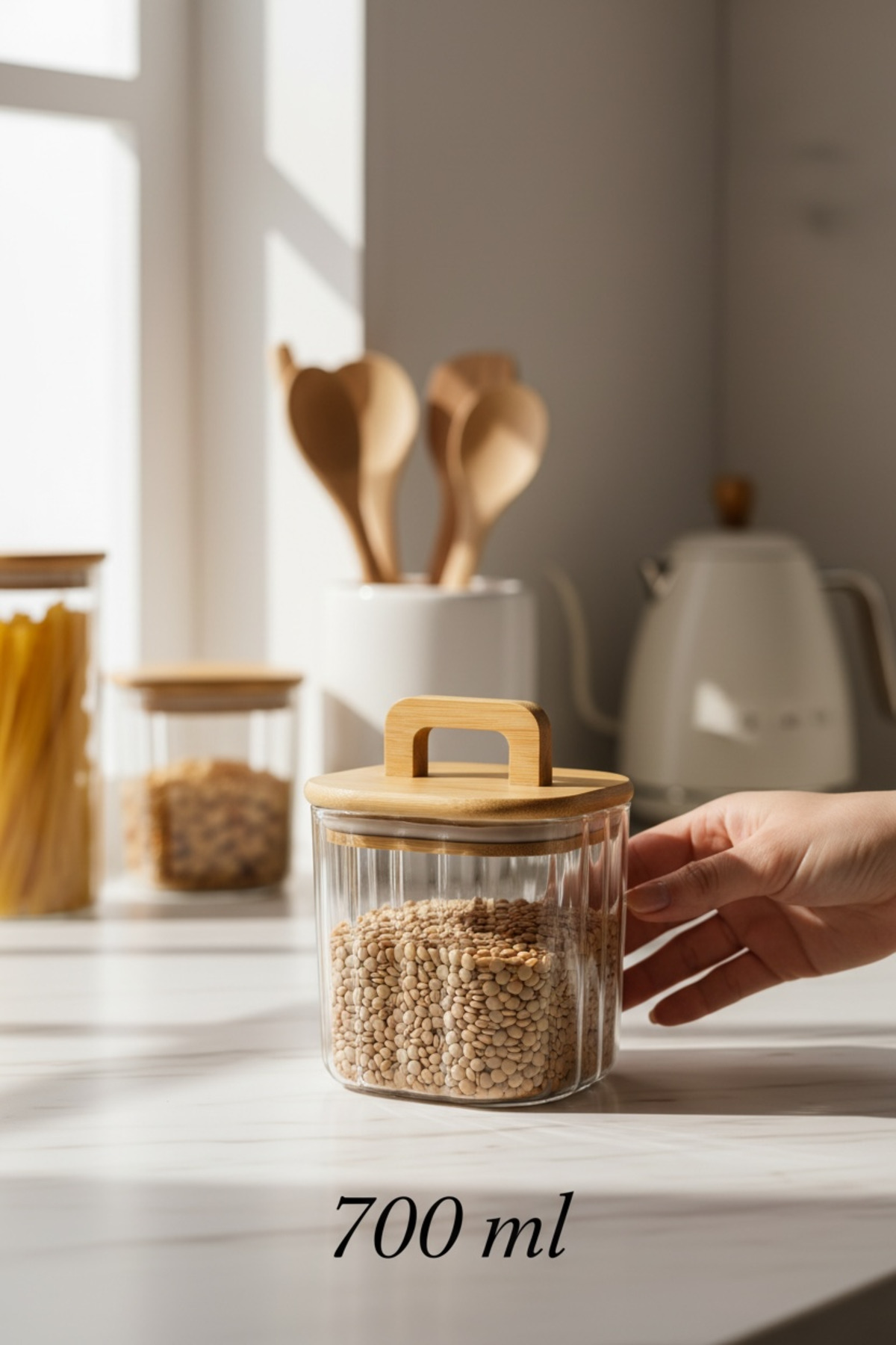 Bambu Kapaklı 700 ml Line (Çizgili) Cam Saklama Kavanozu