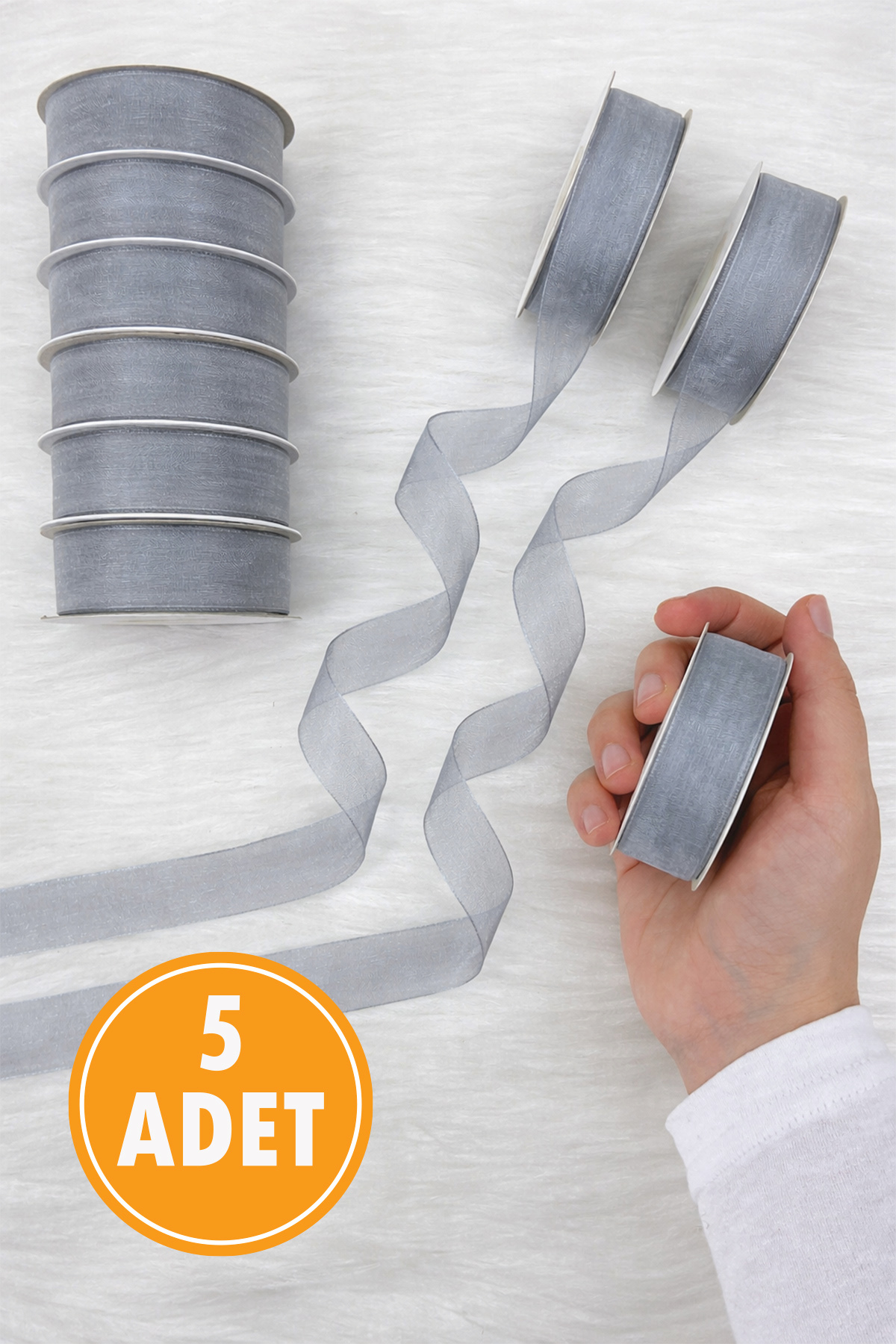5 Organza Tulle Ribbon Gray 2 cm 22 mt, Bundle, Engagement, Dowry, Gift, Packaging, Decoration, Wedding