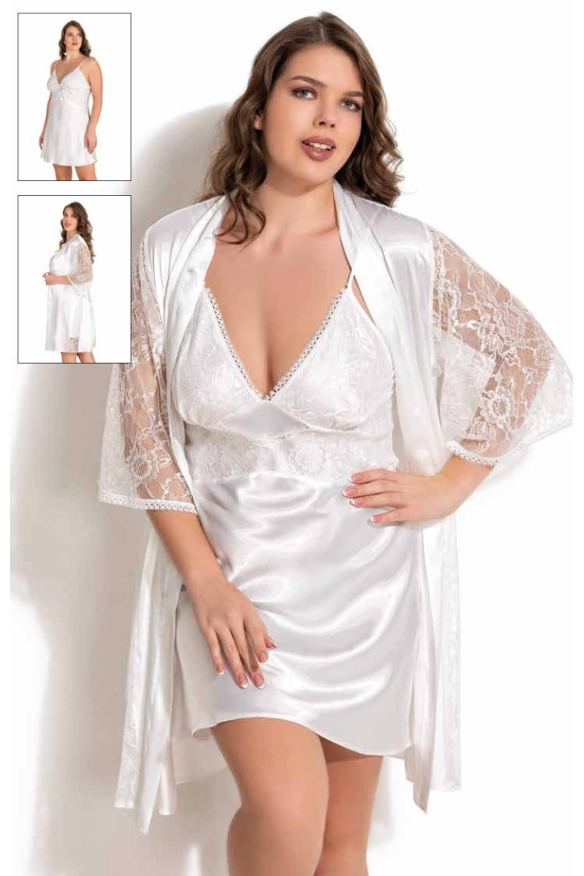 Slendos Kadın, Beyaz,Büyük Beden, Dantel Detaylı, Saten Gecelik- Sabahlık Takım