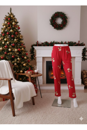 SareTekstilGiyim Kırmızı ayıcıklı süet pijama altı