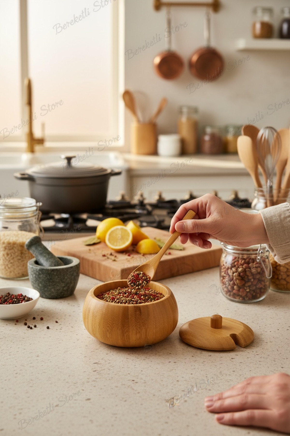 Kaşıklı Bambu Baharat Kabı – Doğal ve Sade Mutfak Tasarımı Şık Tasarım Doğal Baharat Kabı