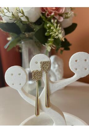 Rimba Kare Dokulu Uzun Damla Sallantılı Gold Küpe