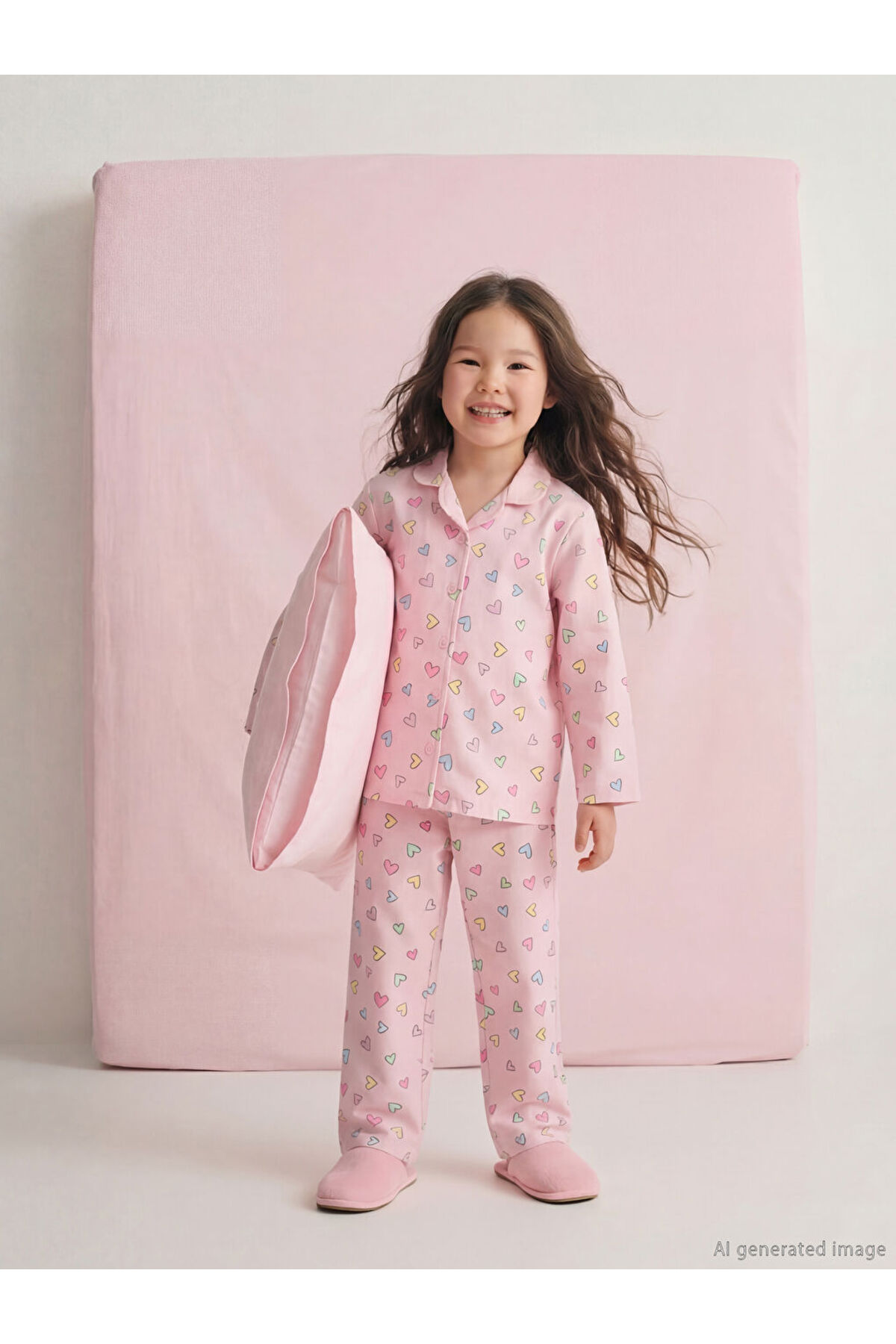 LC Waikiki Pink Shirt Collar Heart Printed Girls Pajama Set