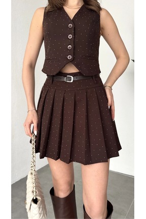 Lila Moda Kadın Luxe Taş Detaylı Piliseli Mini Etek