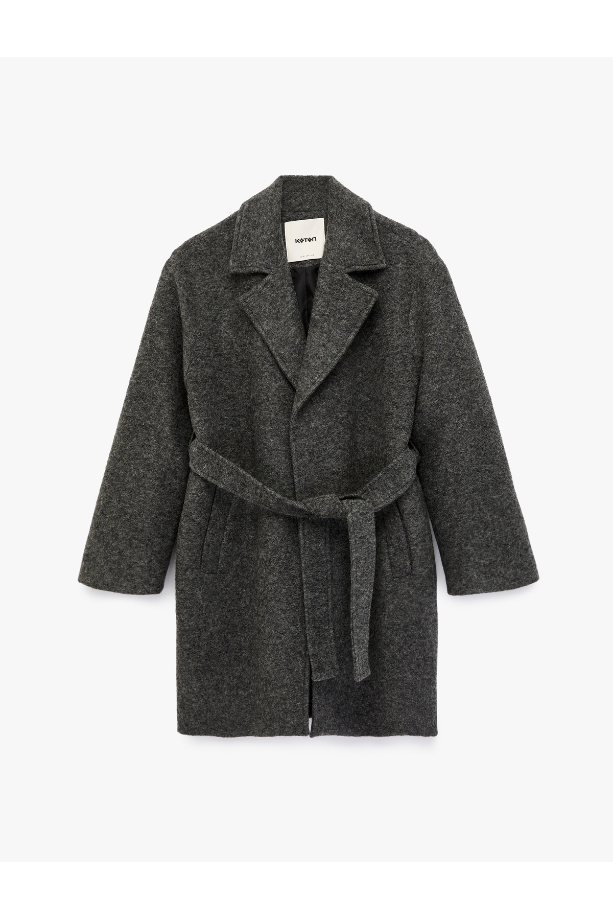 Koton  Alpaka Yün Karışımlı Uzun Kollu Cepli Kemerli Buklet Kaban