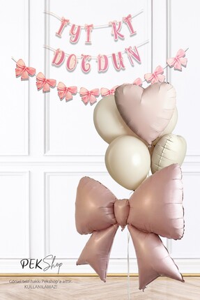 PEKSHOP Pembe Fiyonk Balonlu Bannerlı Doğum Günü Balon Seti
