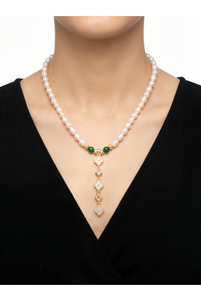 elinasaccessories Gerçek İnci Kolye Altın Kaplama Yeşil Doğal Taşlı Zirkon Yo...