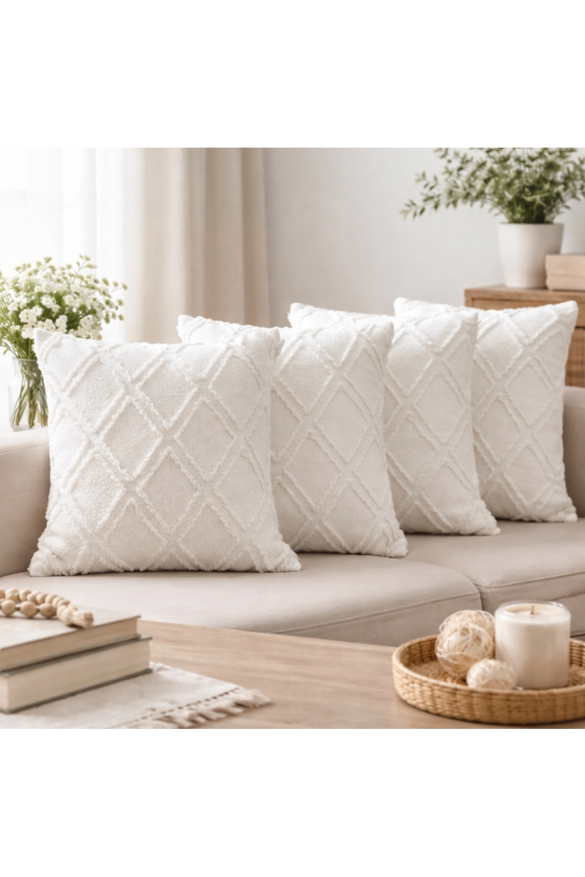 Cushion Pouch 4 Pieces Zippered Cream Cotton Chenille Fabric 43 x 43 cm