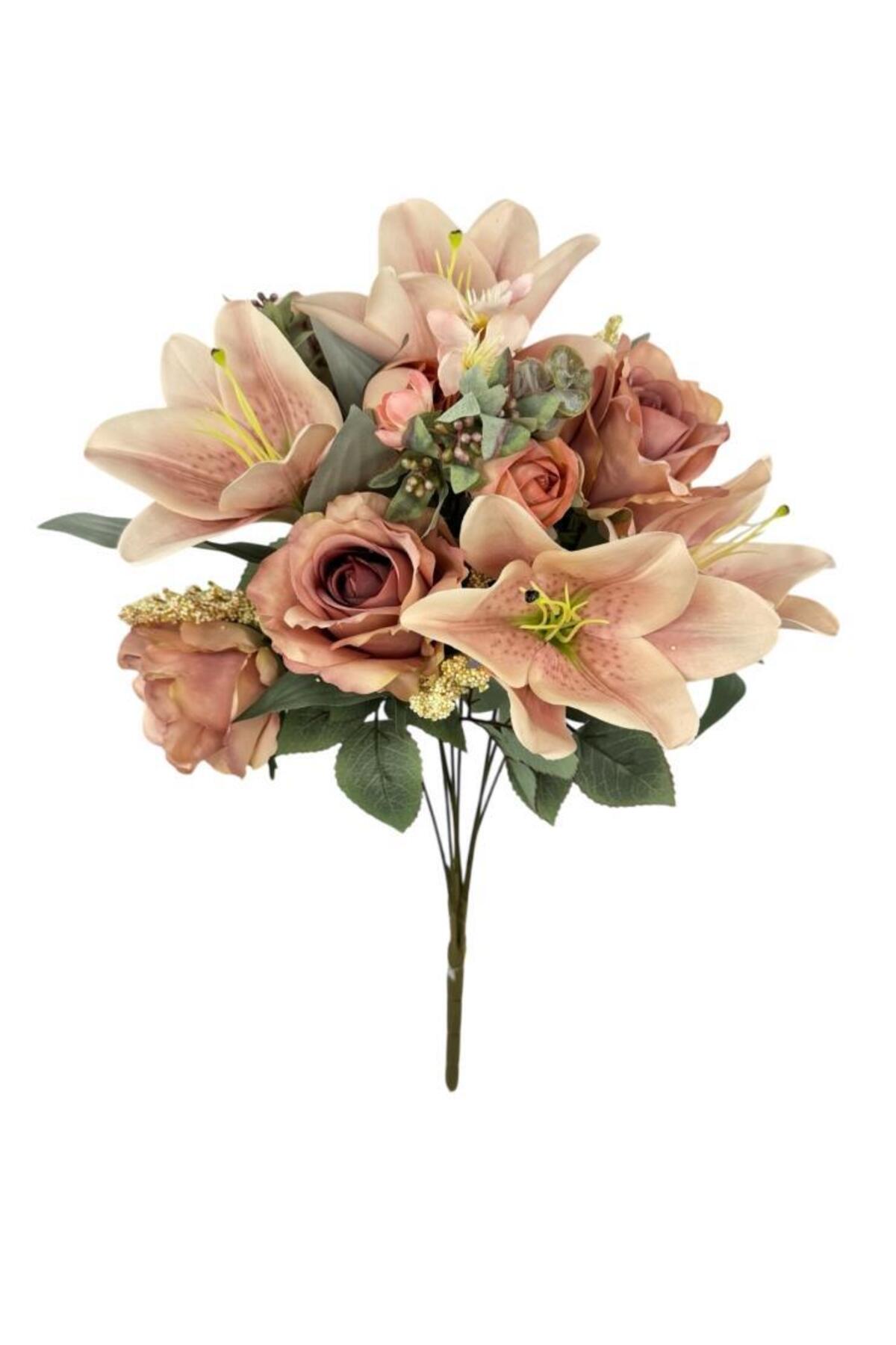 Artificial Flower Dried Rose Color Arrangement Bundle 9Draw Bouquet Rose Lilies and Aradal Flowers 50*35cm