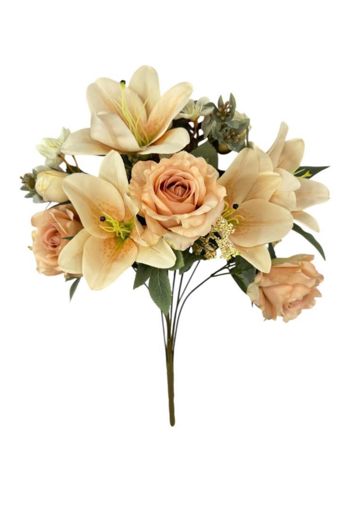 Artificial Flower Pink Color Arrangement Bundle 9Dalli Bouquet Rose Lilies and Aradal Flowers 50*35cm