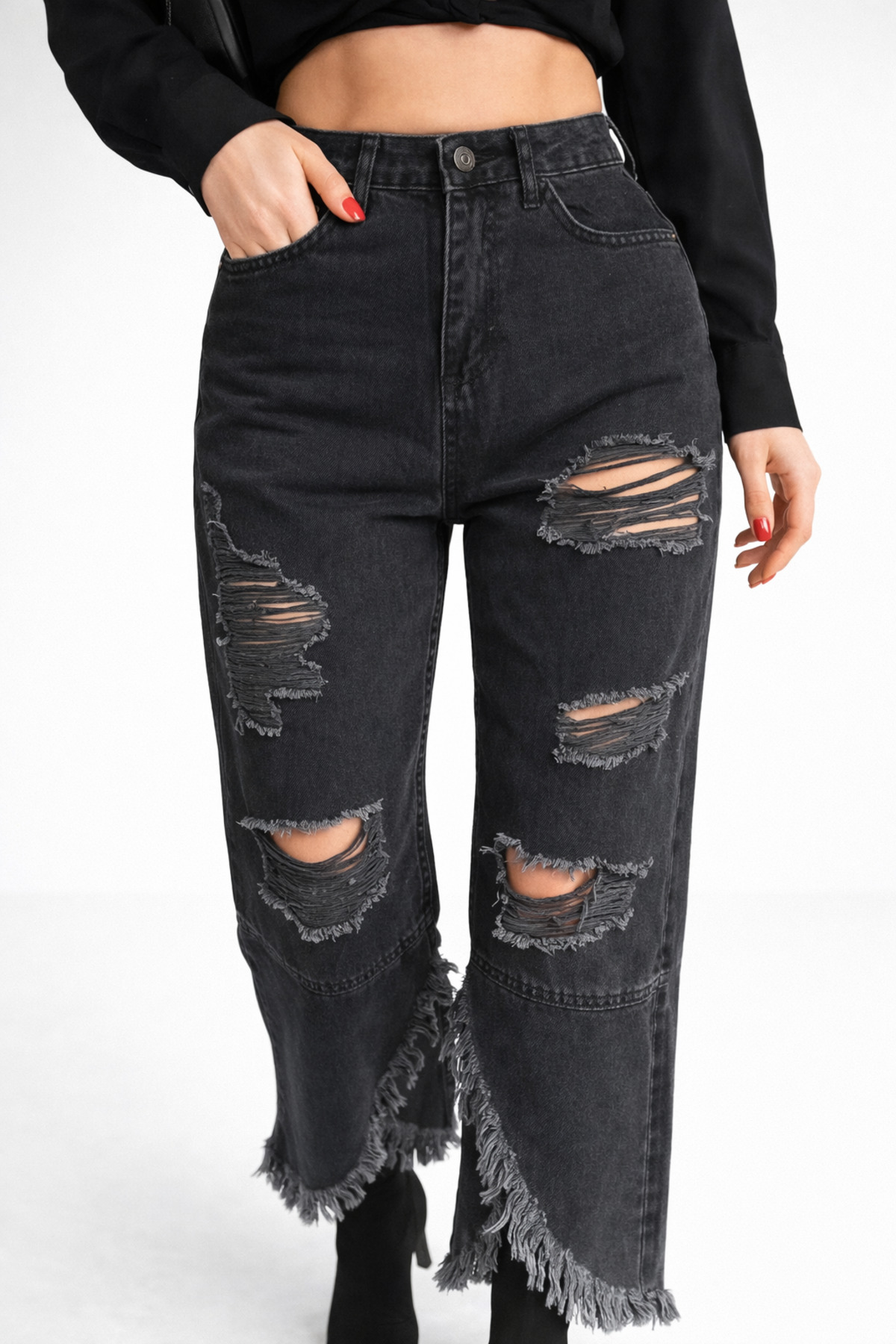 Lighter Jeans  Yüksek Bel Füme Siyah Yırtık Detaylı Püsküllü Paça Wide Leg Bol Paça Kadın Jean Pantolon - Görsel 6