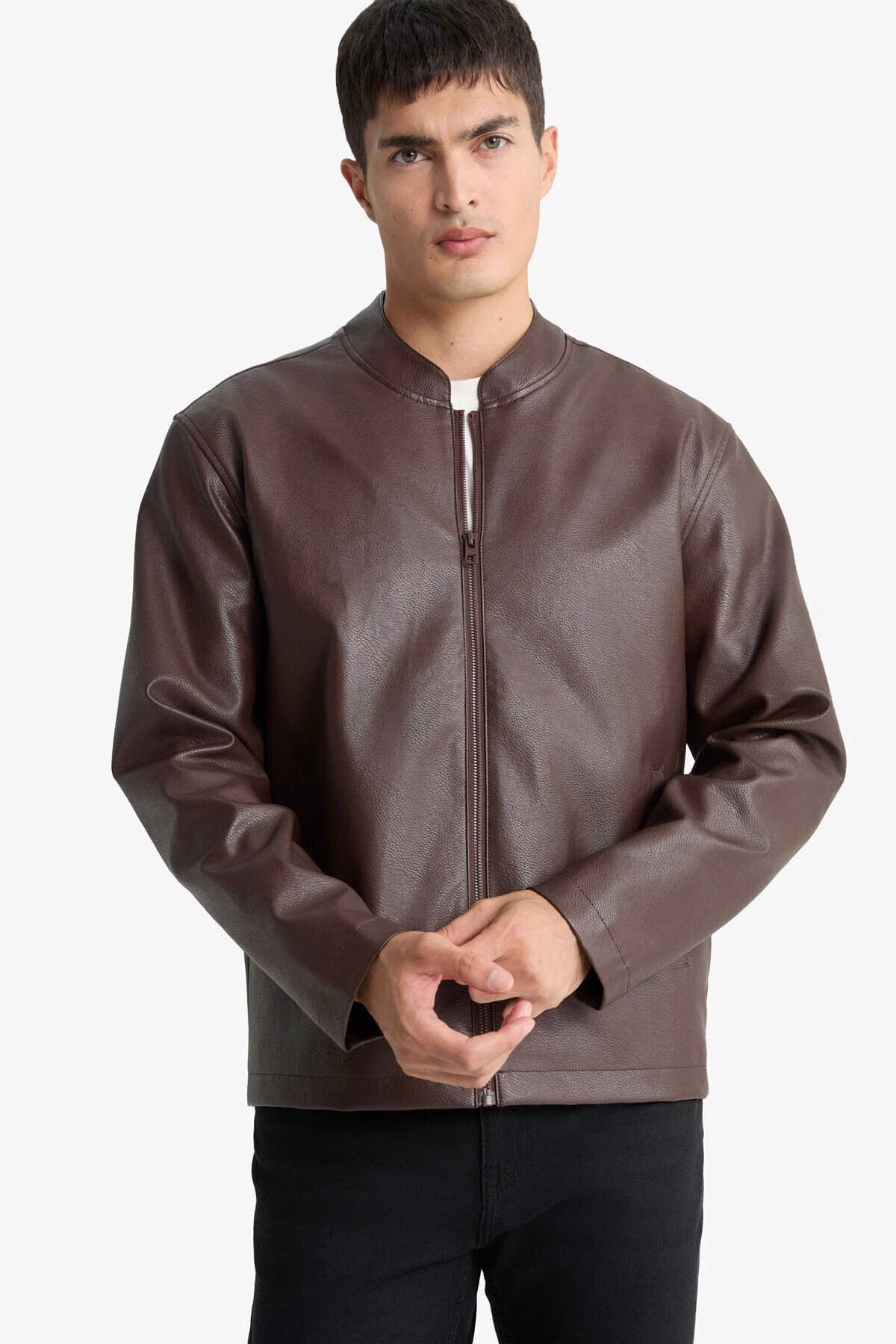 Su İtici Slim Fit Dik Yaka Fermuarlı Suni Deri Ceket Mont D8525AX26SP