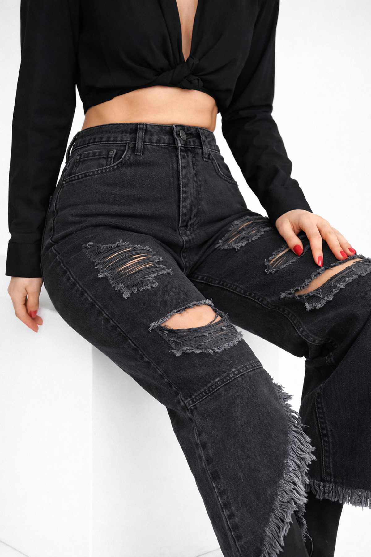 Lighter Jeans  Yüksek Bel Füme Siyah Yırtık Detaylı Püsküllü Paça Wide Leg Bol Paça Kadın Jean Pantolon - Görsel 3