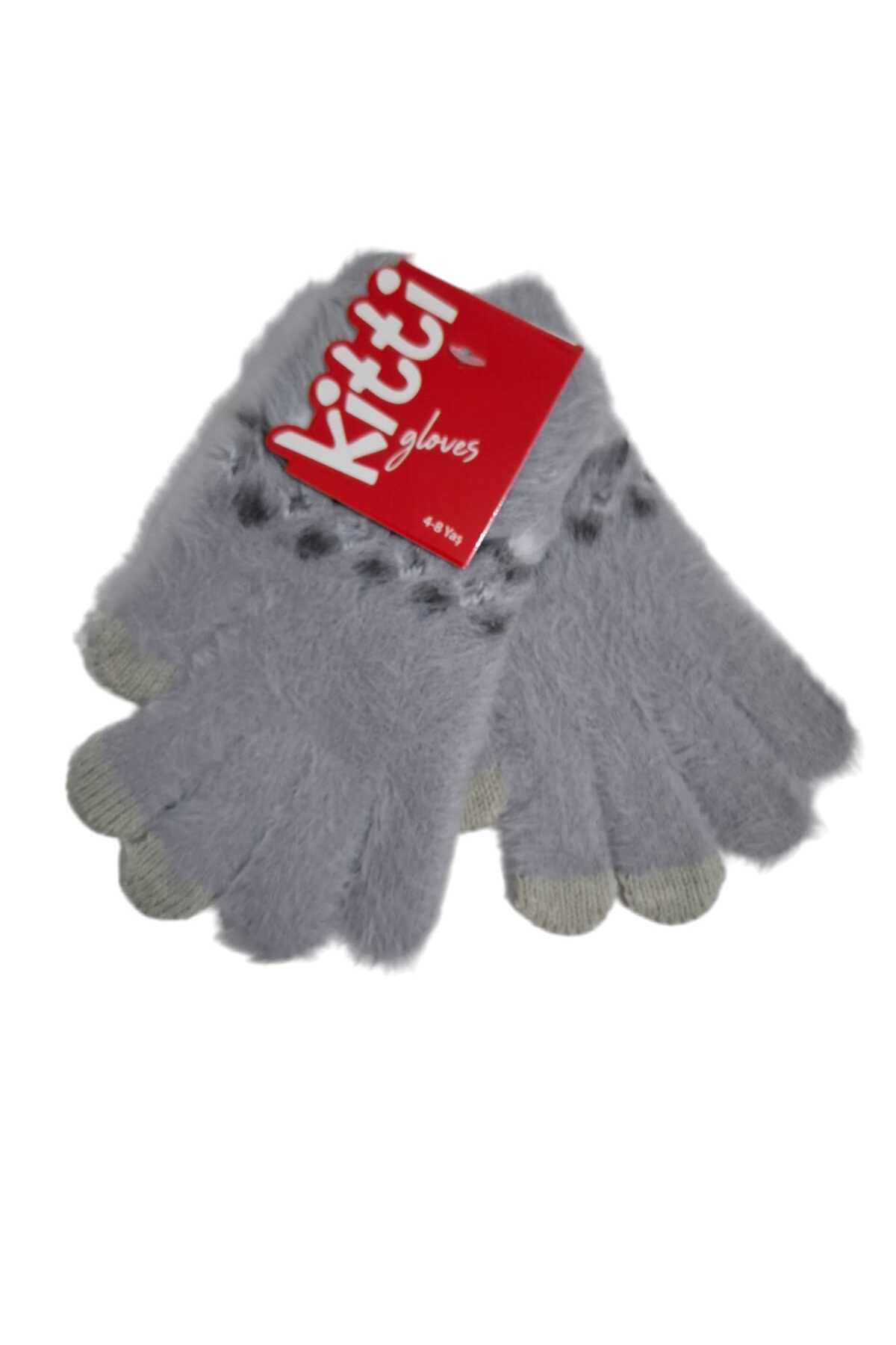 Kitti Spteks 4-8 Yaş Kız Çocuk Gri Renk Düz Desen Kışlık Örme Eldiven fotoğrafı 4 (önizleme)