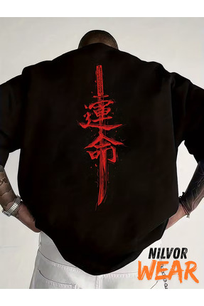 Nilvor Unisex Çin Samuray Ön - Arka Baskılı Özel Tasarım Oversize T-shirt