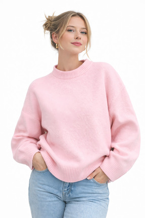 Kırlangıç Moda Pembe Oversize Bisiklet Yaka Kadın Triko Kazak