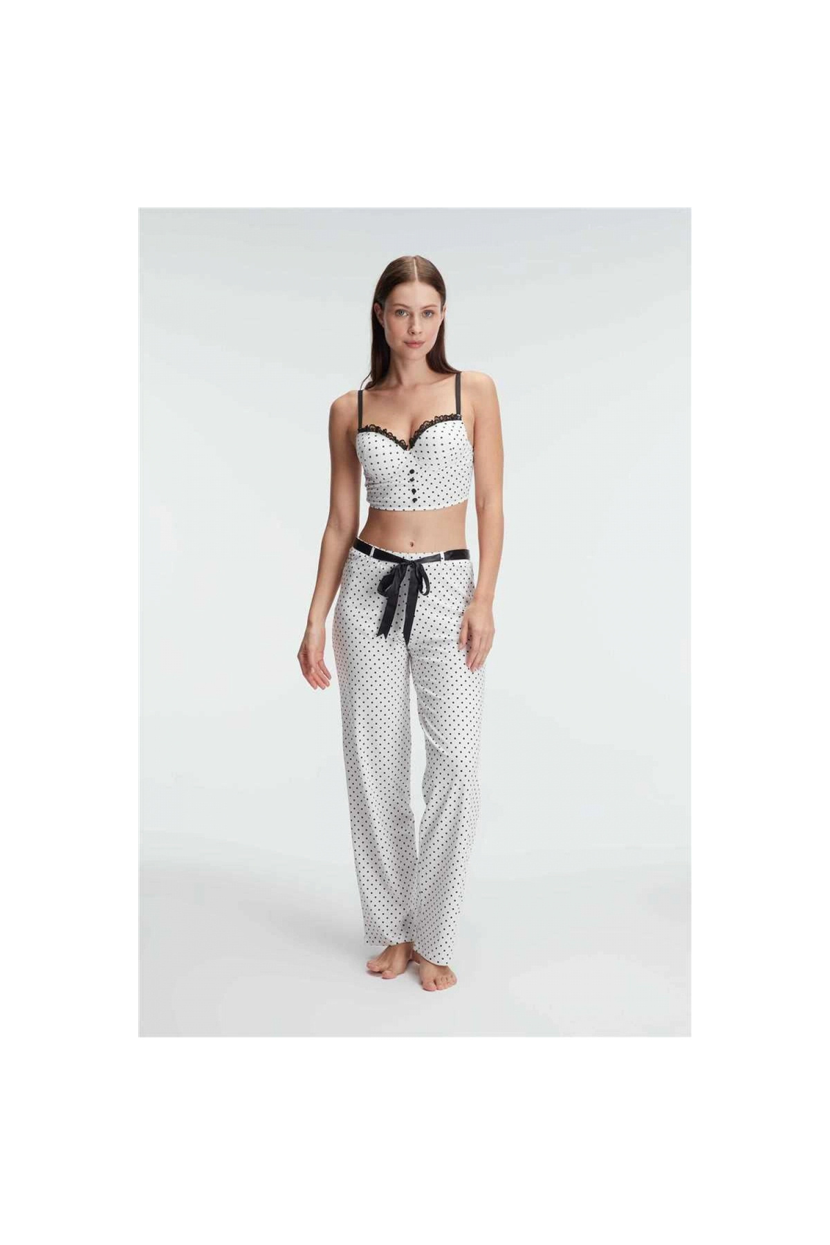 Narnuga Fantezi Bralet Sütyen Pamuklu Puantiye Desenli Desteksiz Dantel Detaylı Pijama Takımı