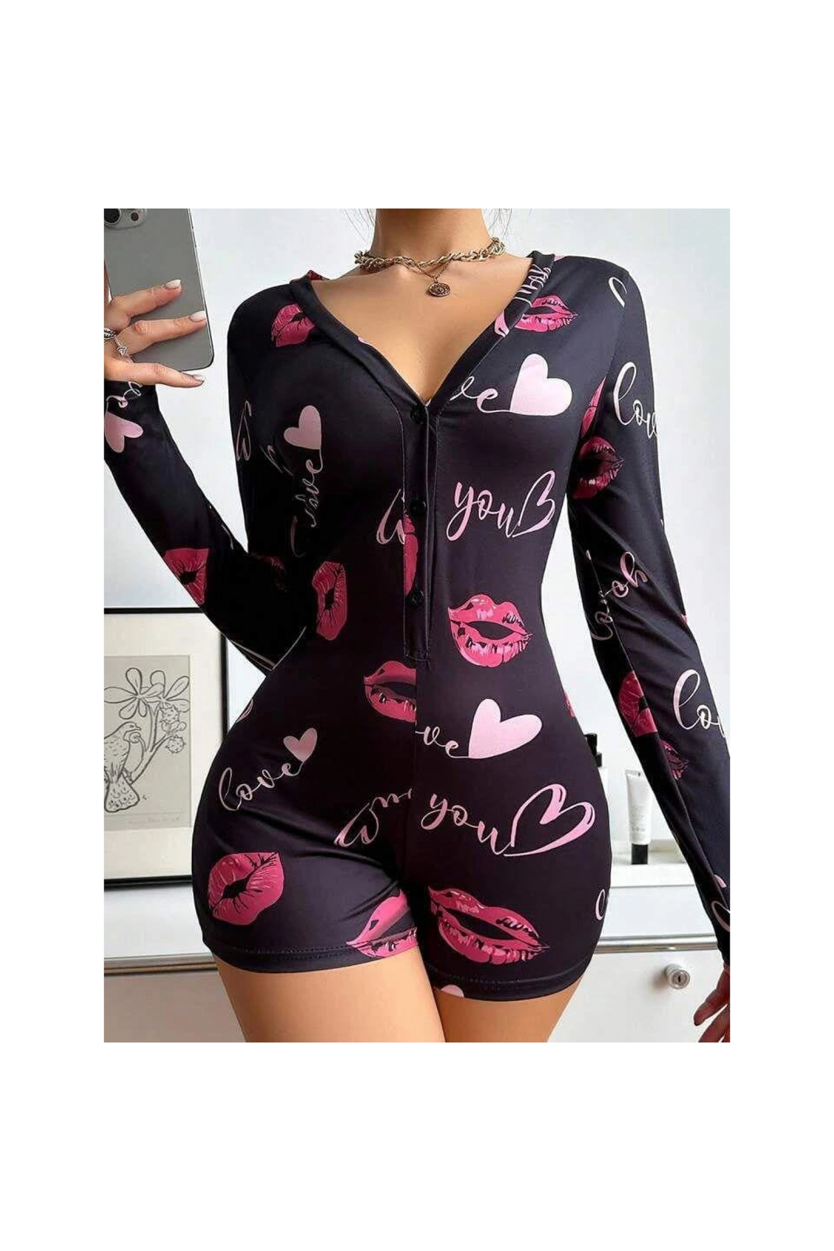 Narnuga Pamuklu Kırmızı Kalp Desenli Düğmeli Uzun Kol Tulum Pijama