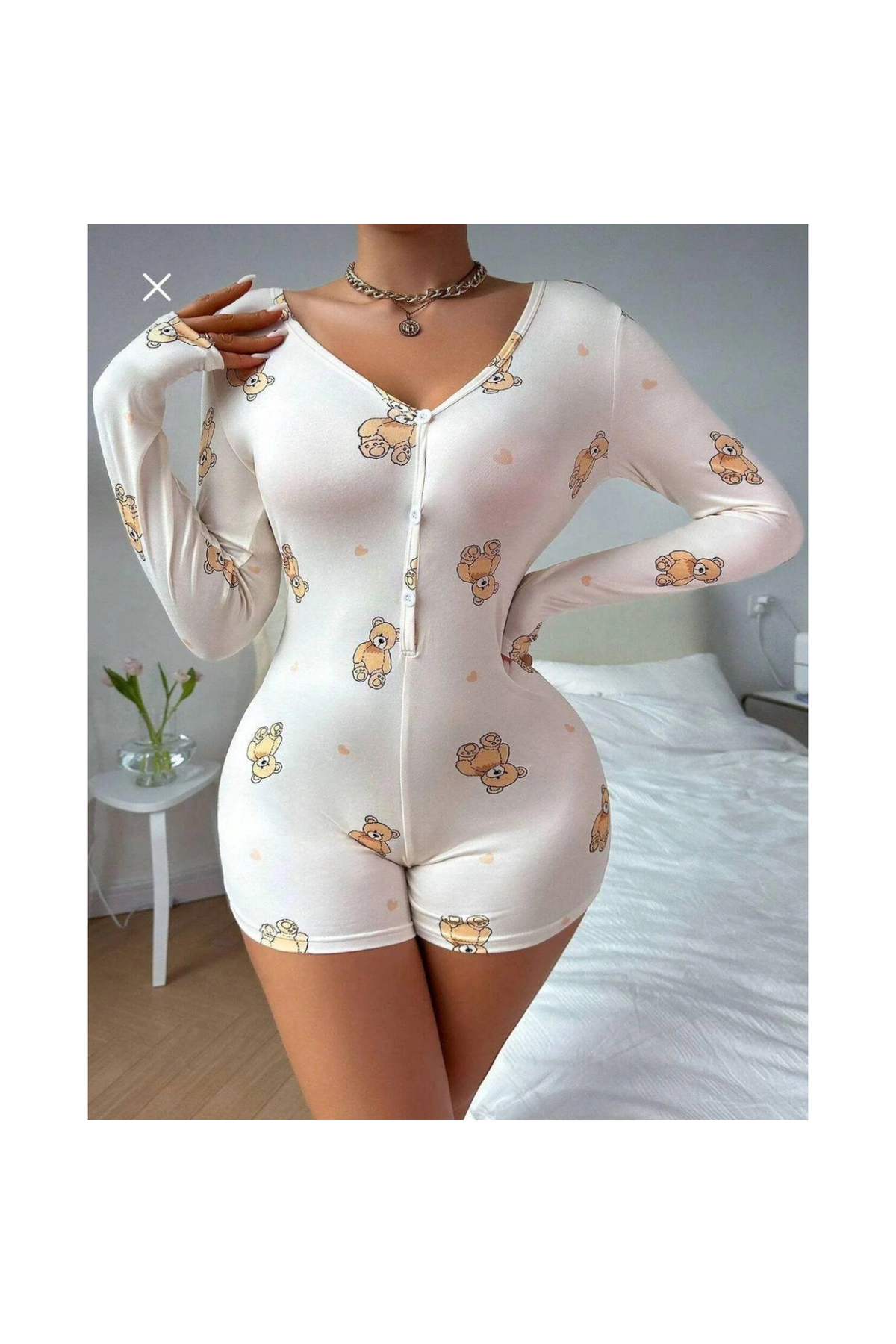 Narnuga Pamuklu Beyaz Ayıcık Desenli Düğmeli Uzun Kol Tulum Pijama