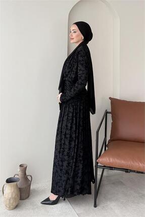 Neşeli Butik kadın siyah bel drapeli tam boy flok baskı tesettür elbise