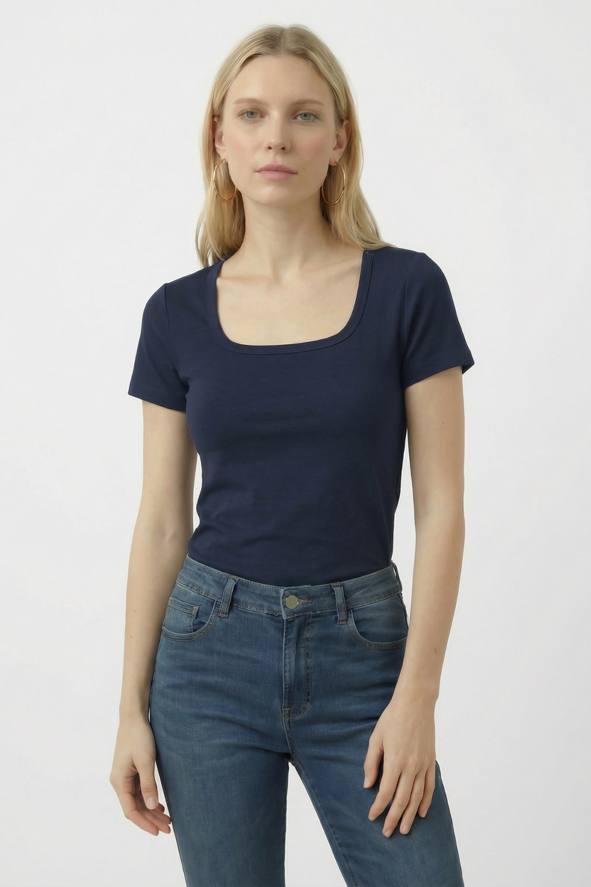 Women's T-Shirt U-Neck Slim Fit Cotton Thick Textured