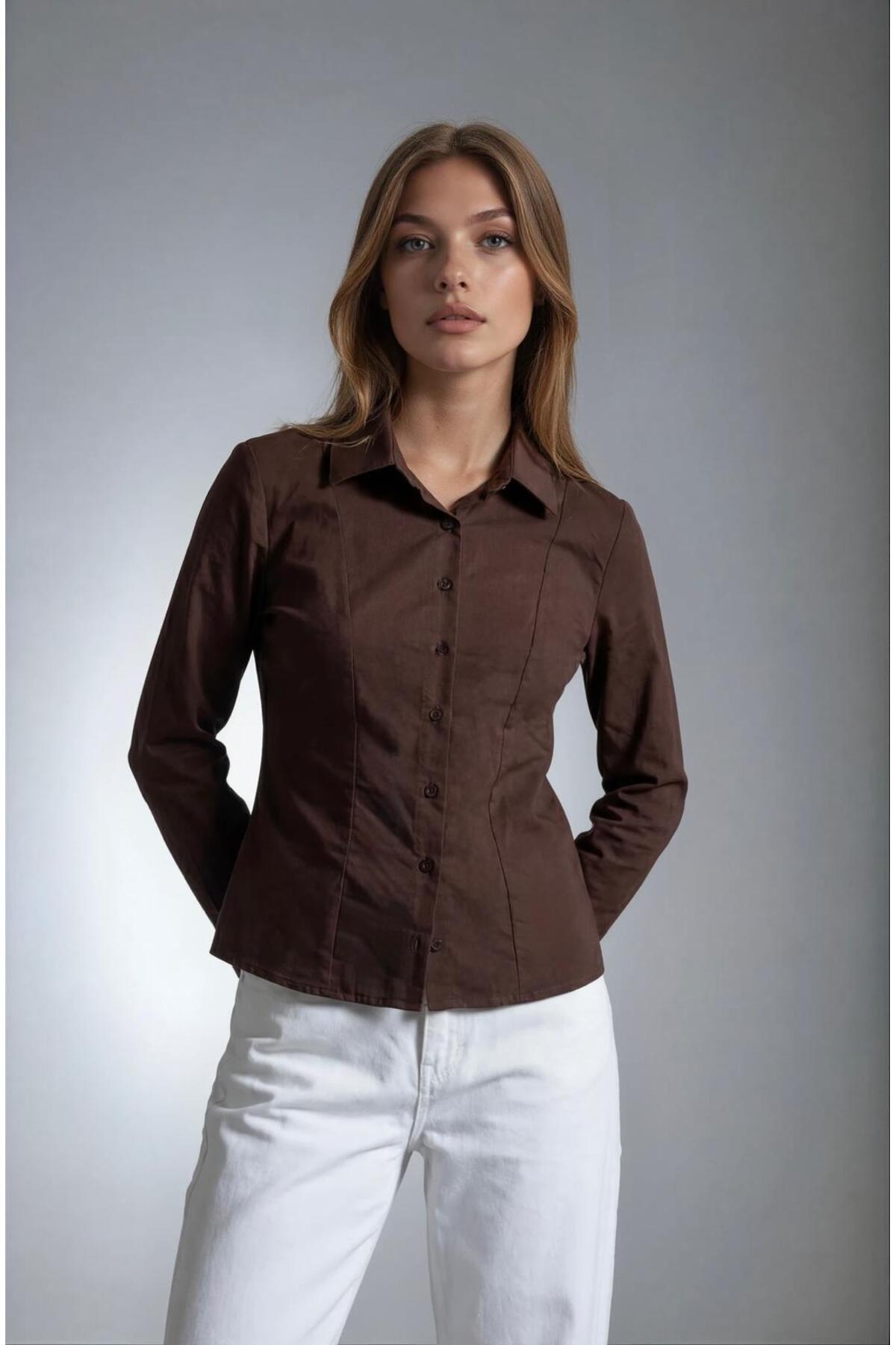 Madmext Kahverengi Vücuda Oturan Slim Fit Kadın Gömlek MG2659 görsel 6