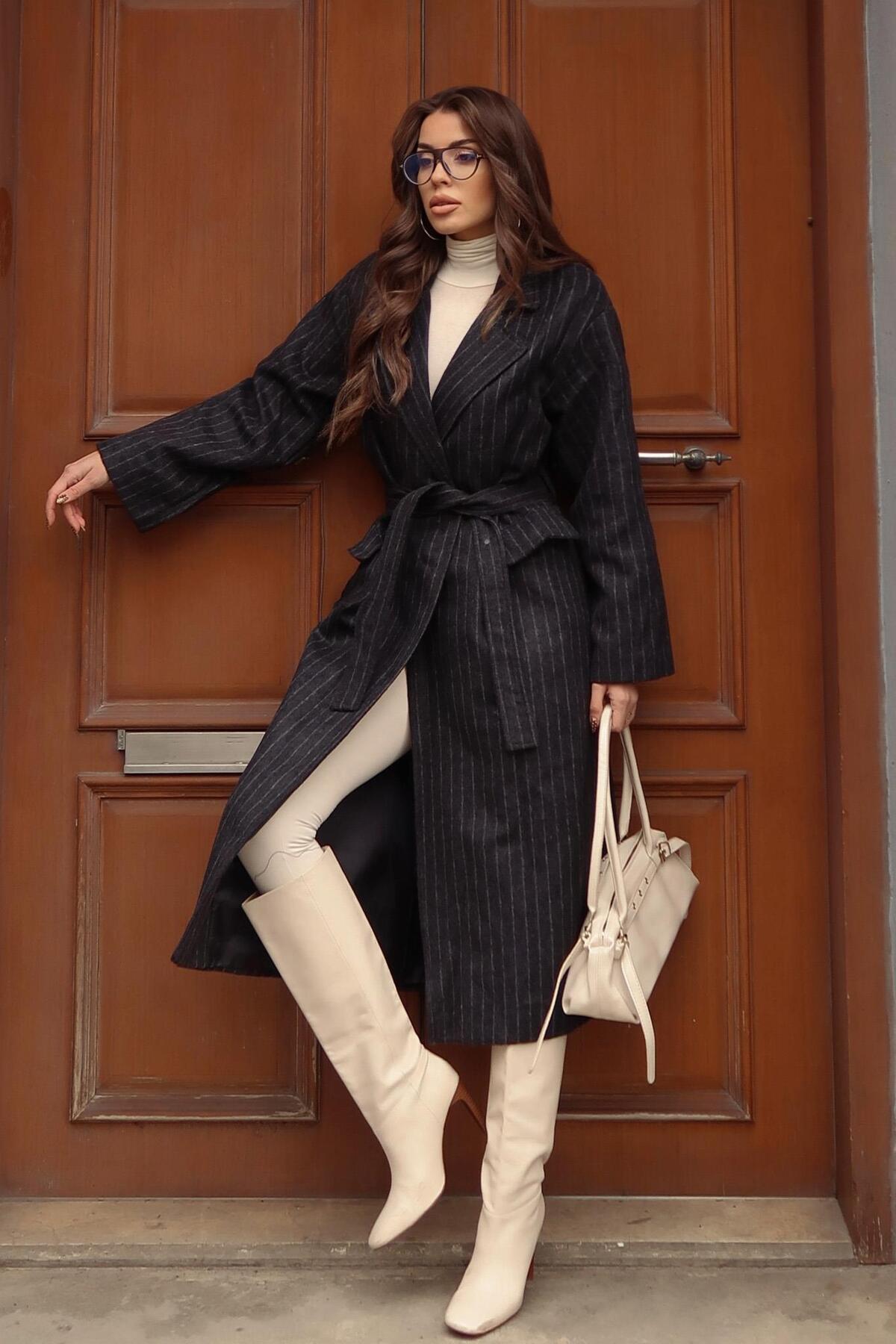 Striped Belted Cachet Coat 7123