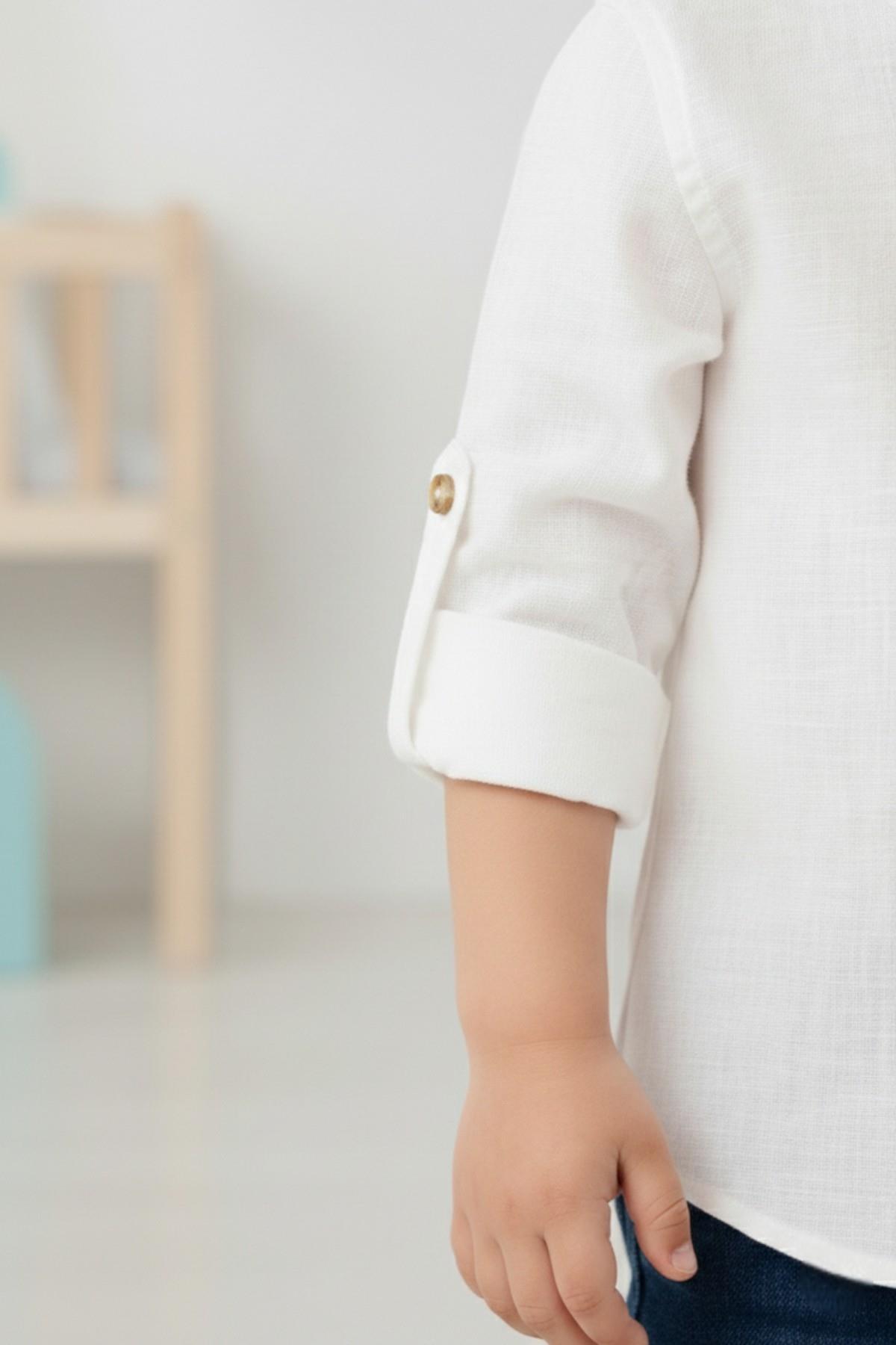 woorage cuties Woorage Erkek Bebek 1-5 Yaş Kemik Düğmeli Pamuklu Keten Gömlek Krem fotoğrafı 3 (önizleme)