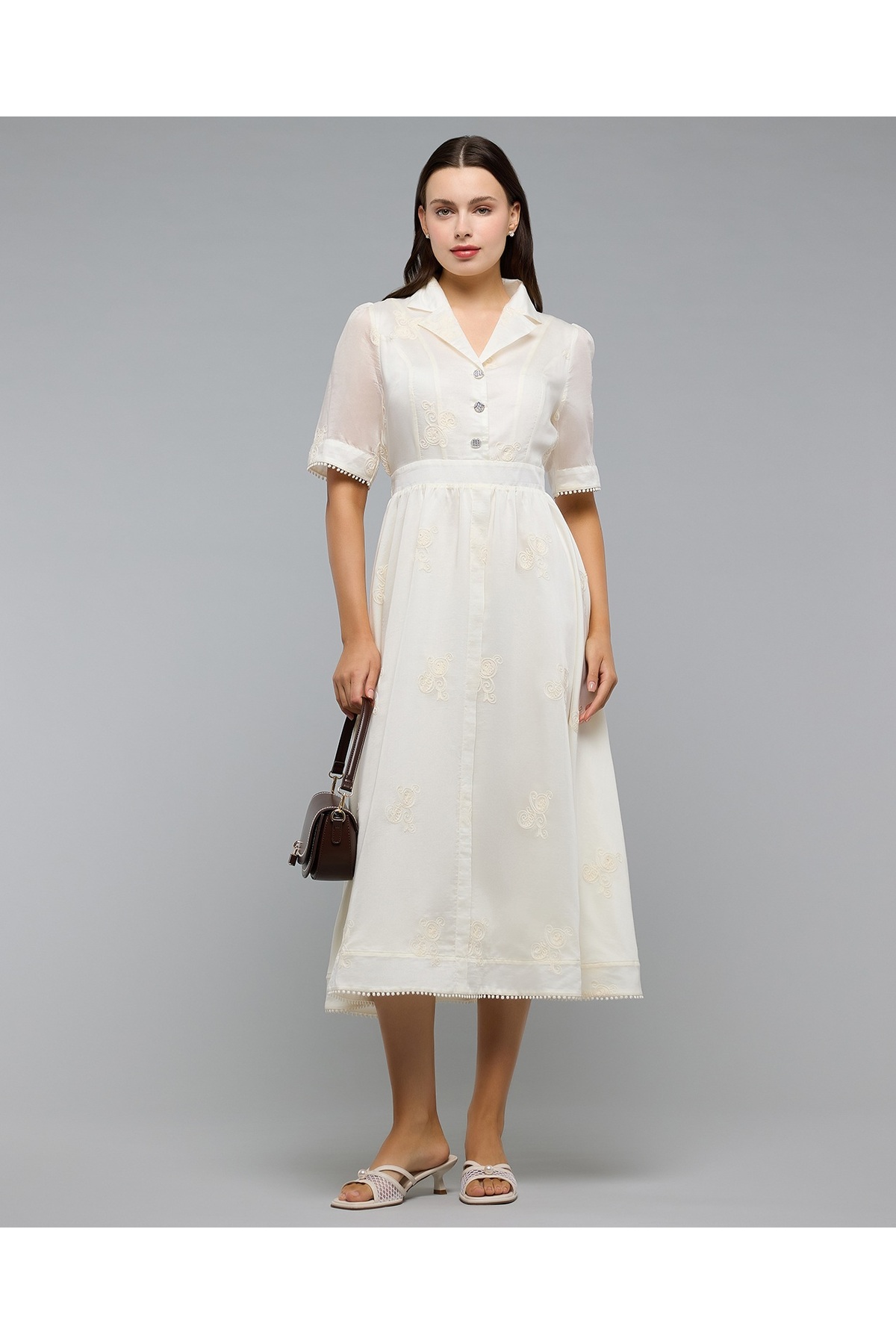 R&B Embroidered Shirt Dress with Revere Collar and Short Sleeves
