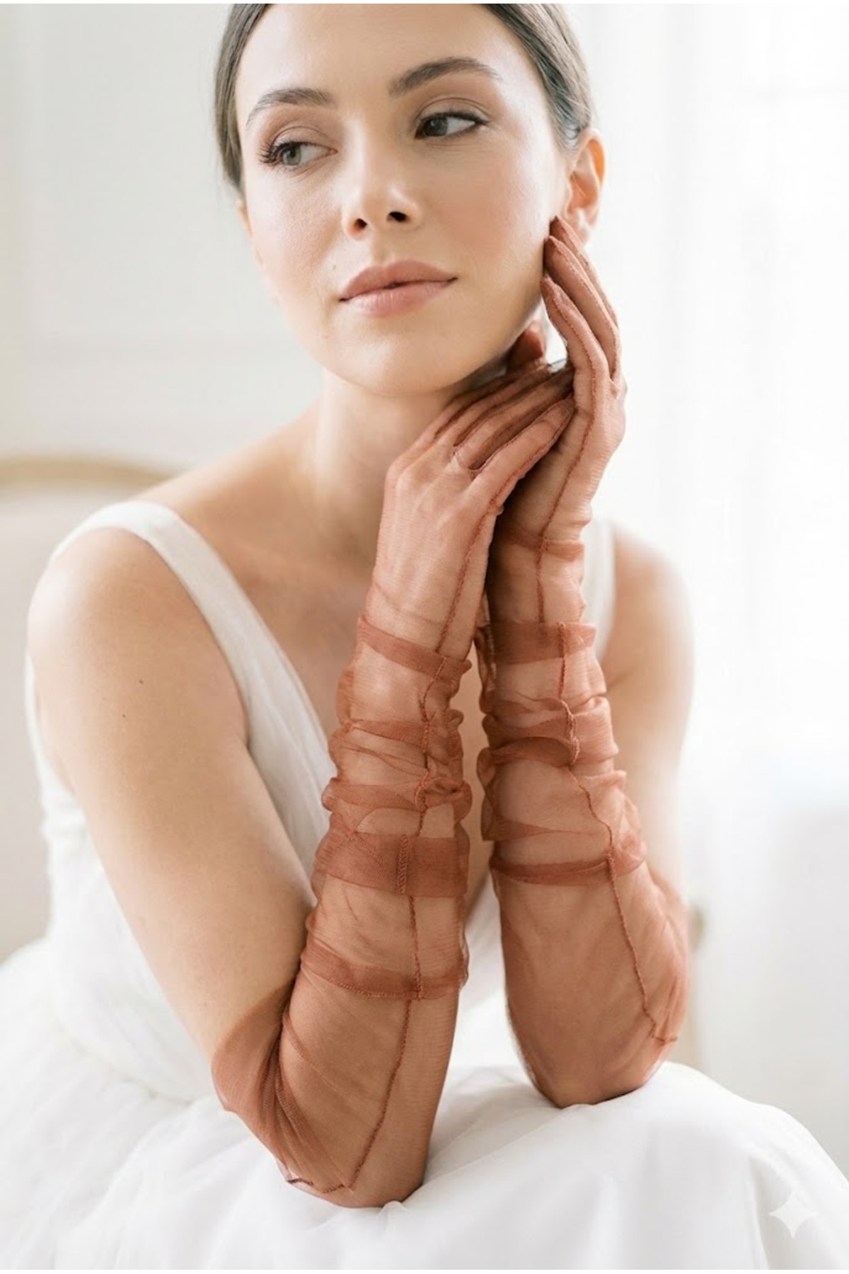 Silk Aura Draped Copper Long Tulle Gloves | Elegant and Modern Couture Custom Design