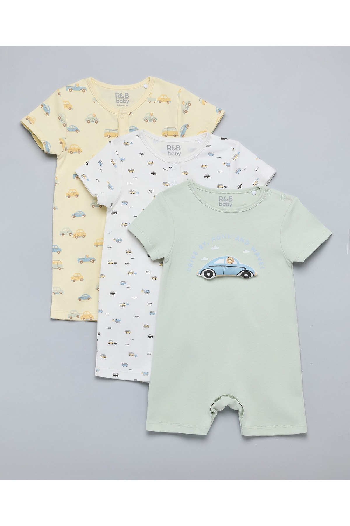 R&B 3 Pack Printed Rompers with Short Sleeves
