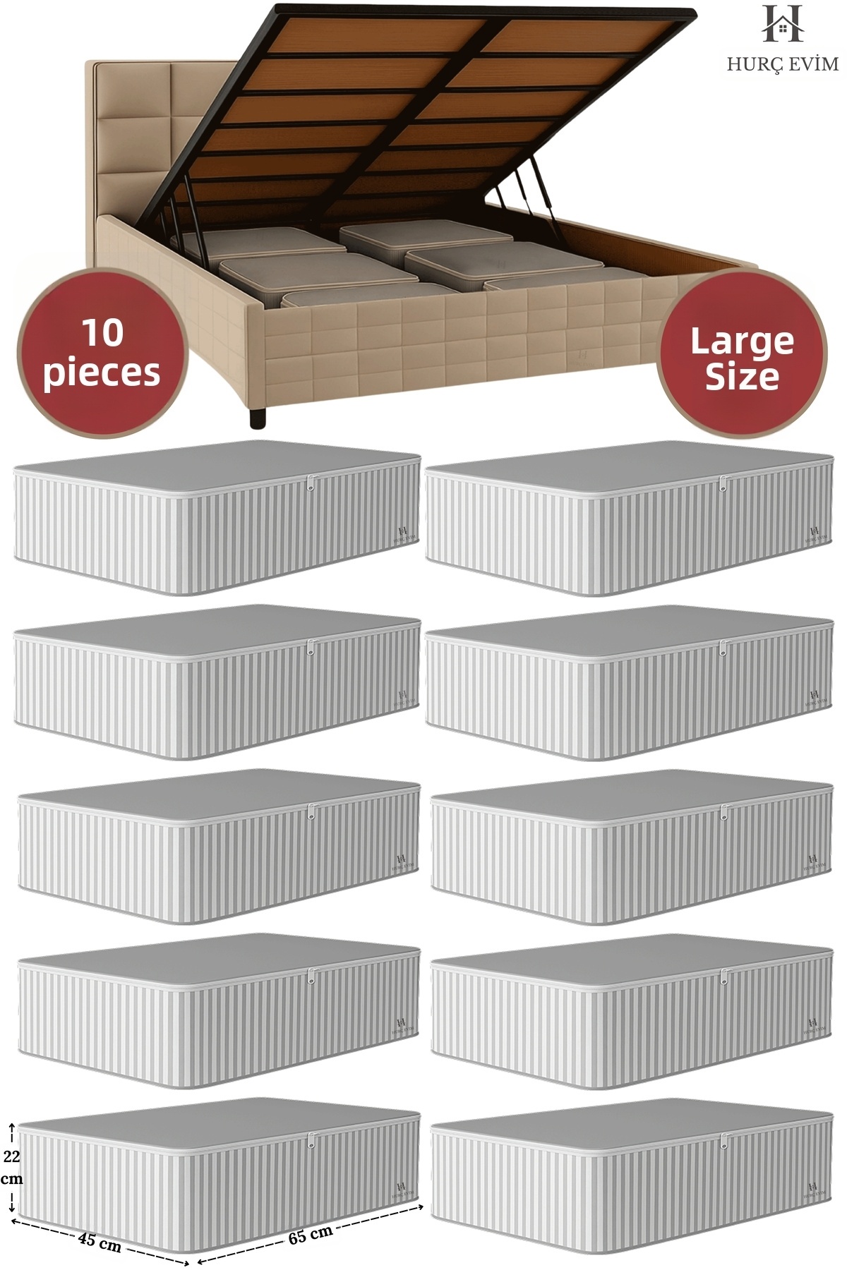 Evida 10 kusov antracitových pruhovaných veľkých vreciek pod posteľ a na rozk...