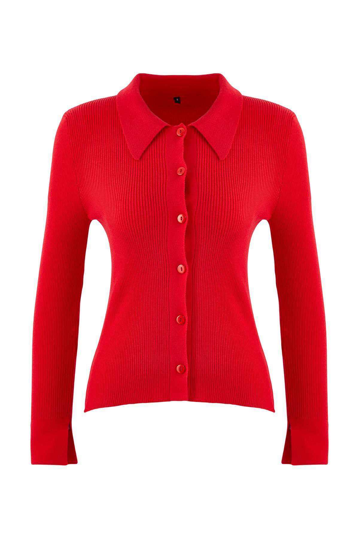 Trendyolmilla  Wardrobe Essentials Kırmızı Premium İplik Polo Yaka Triko Hırka | TWOAW26HI00225 - Görsel 5