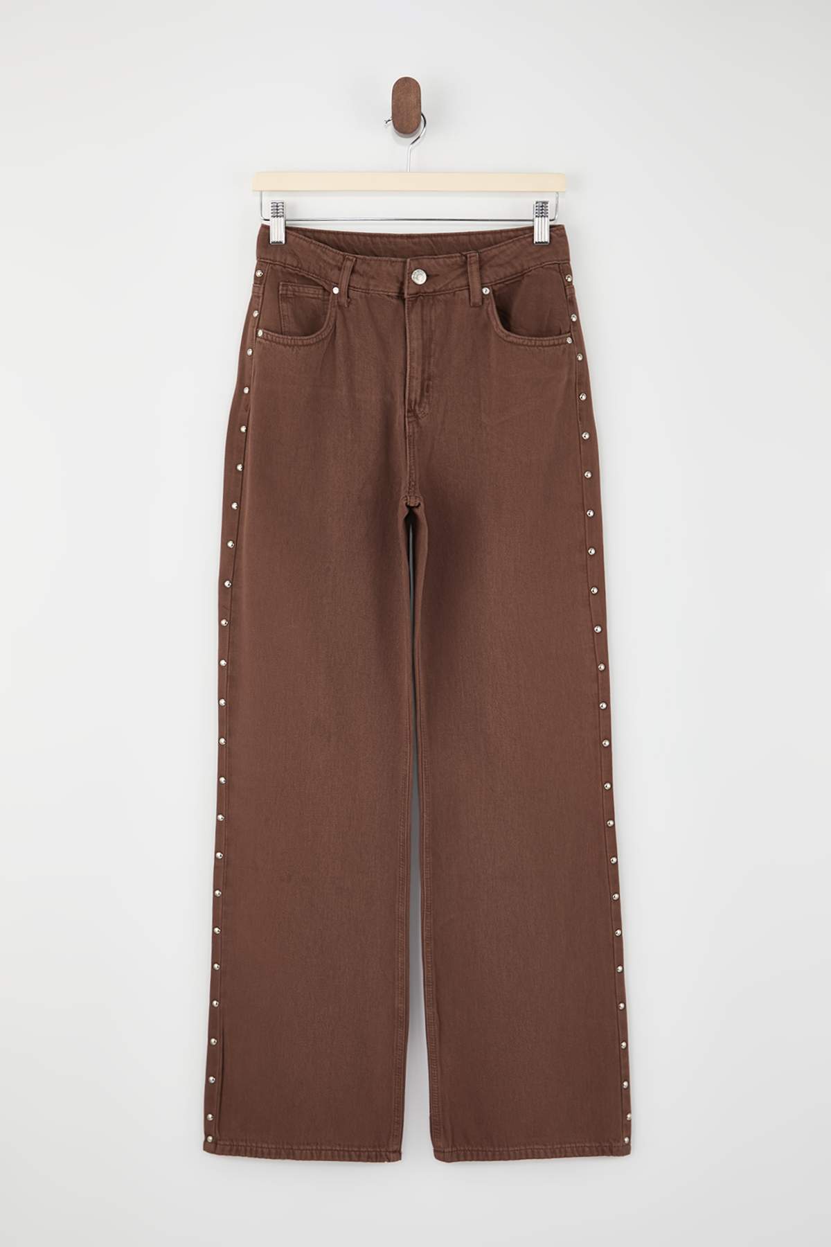 Trendyolmilla  Kahverengi DÖKÜMLÜ Trok Detaylı Yüksek Bel %100 Pamuk Wide Leg Jeans TWOSS26JE00065 - Görsel 5