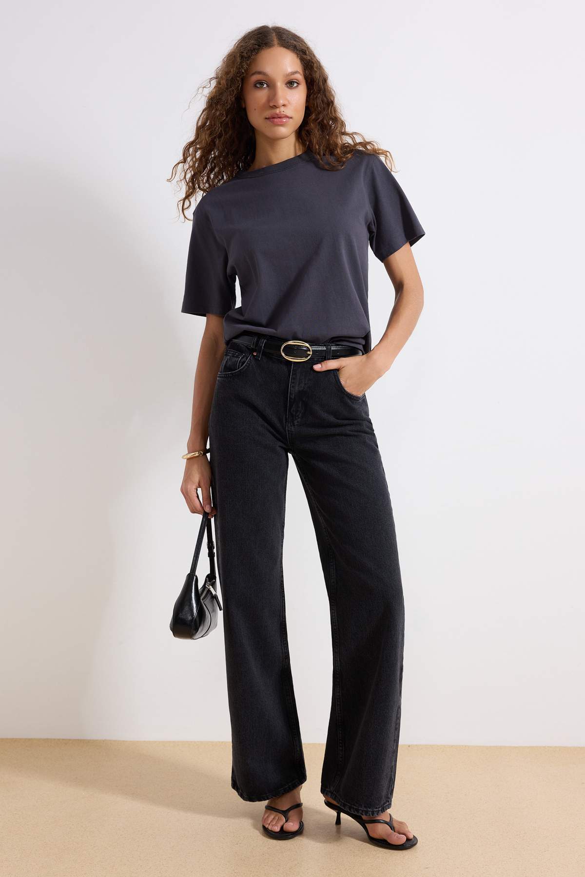 Trendyol Collection Антрацит Висока талія Широкі штанини 100% бавовна Нерозтя...