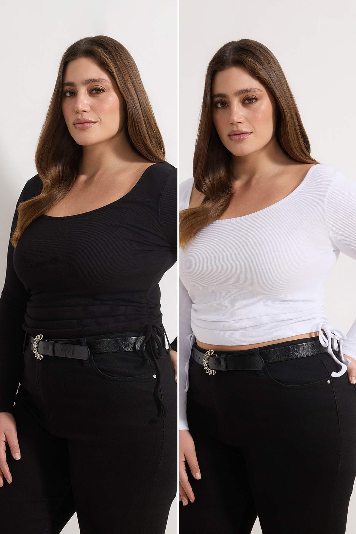 Trendyolmilla Curve Siyah-Beyaz 2'li Paket Yanları Büzgülü Büyük Beden Bluz TBBAW26AF00105