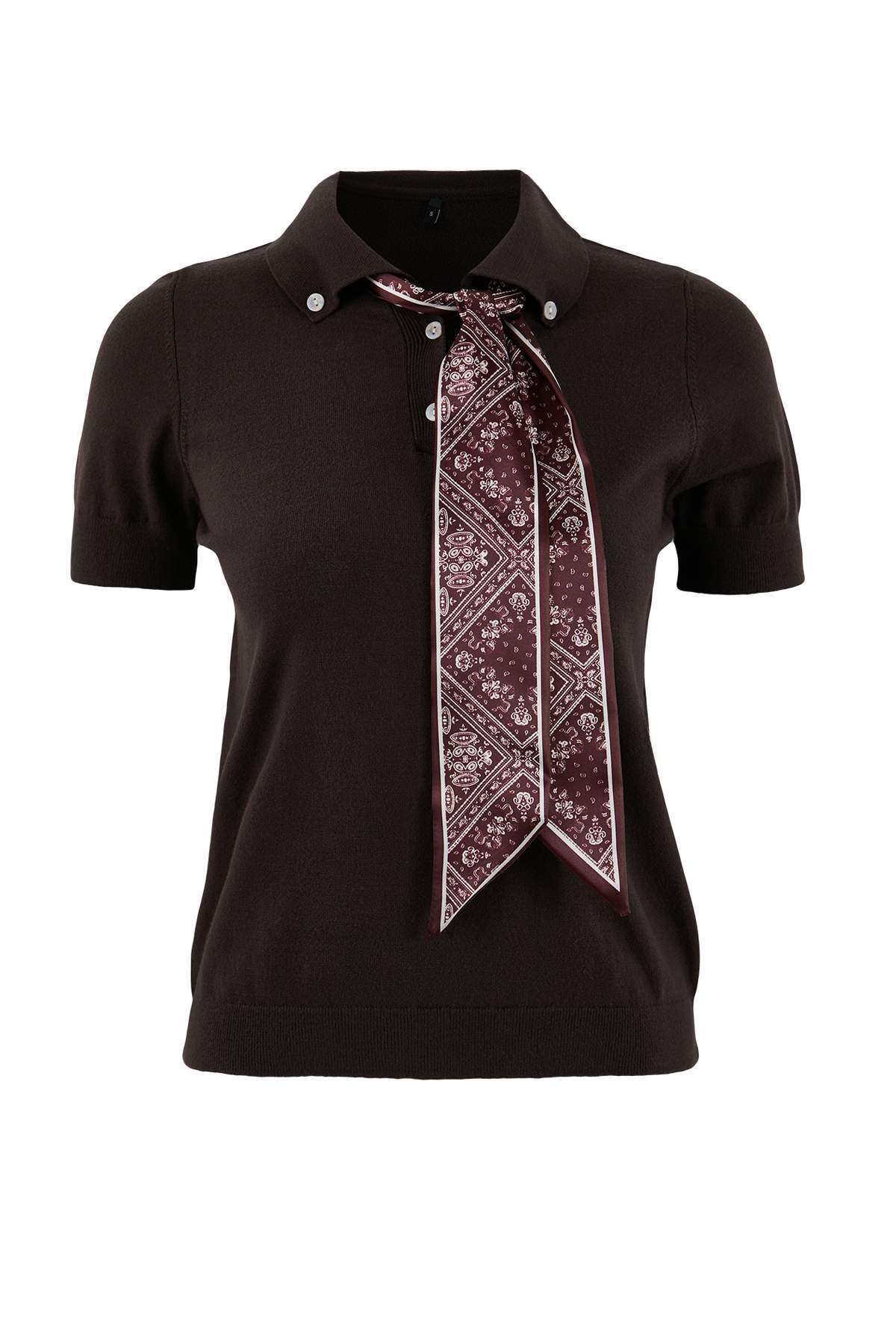 Trendyolmilla  Kahverengi Fular Detaylı Premium İplik/ Özel İplik Triko Bluz TWOSS26BZ00159 - Görsel 6