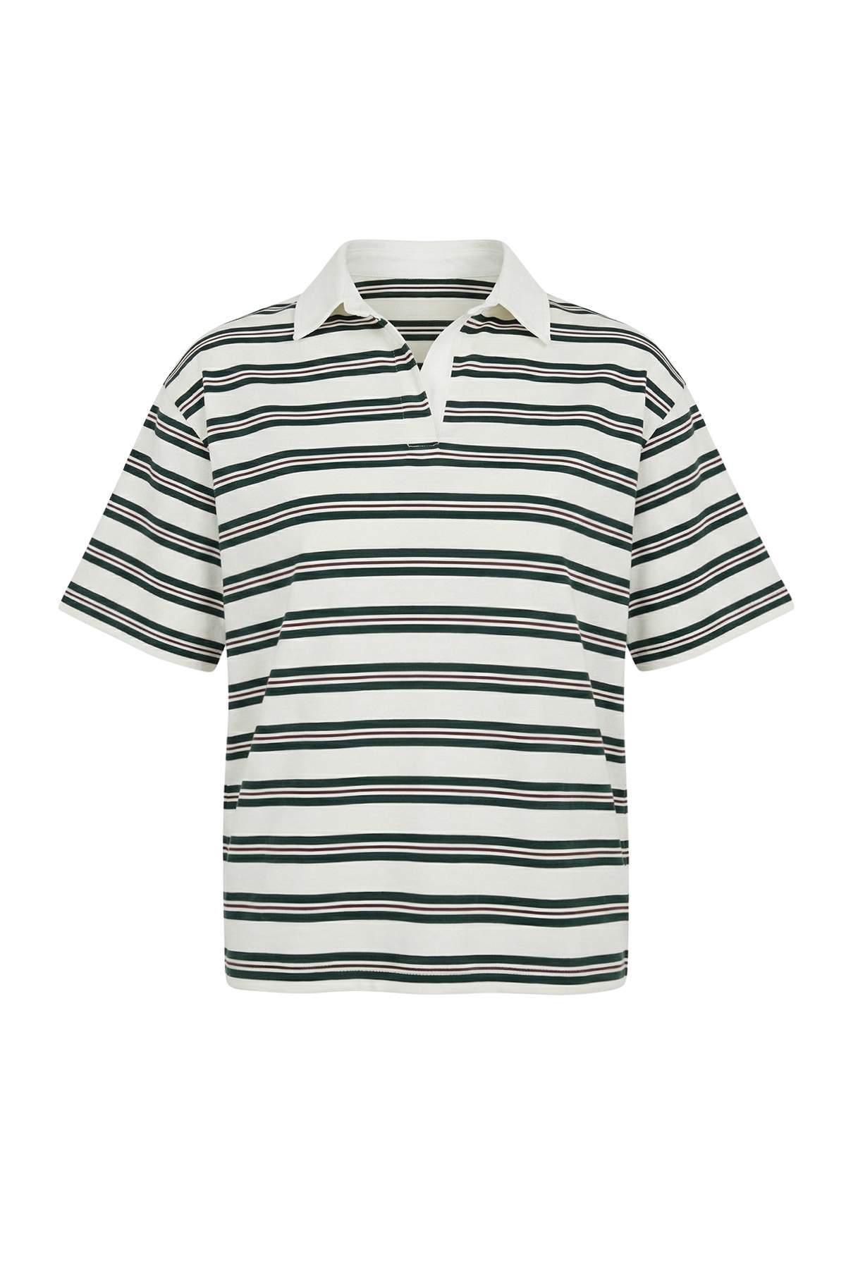 Trendyolmilla  Wardrobe Essentials-Ekru Çizgili Normal Kalıp Kısa Kollu Tok %100 Pamuk Örme T-shirt TWOSS26TS00027 - Görsel 5