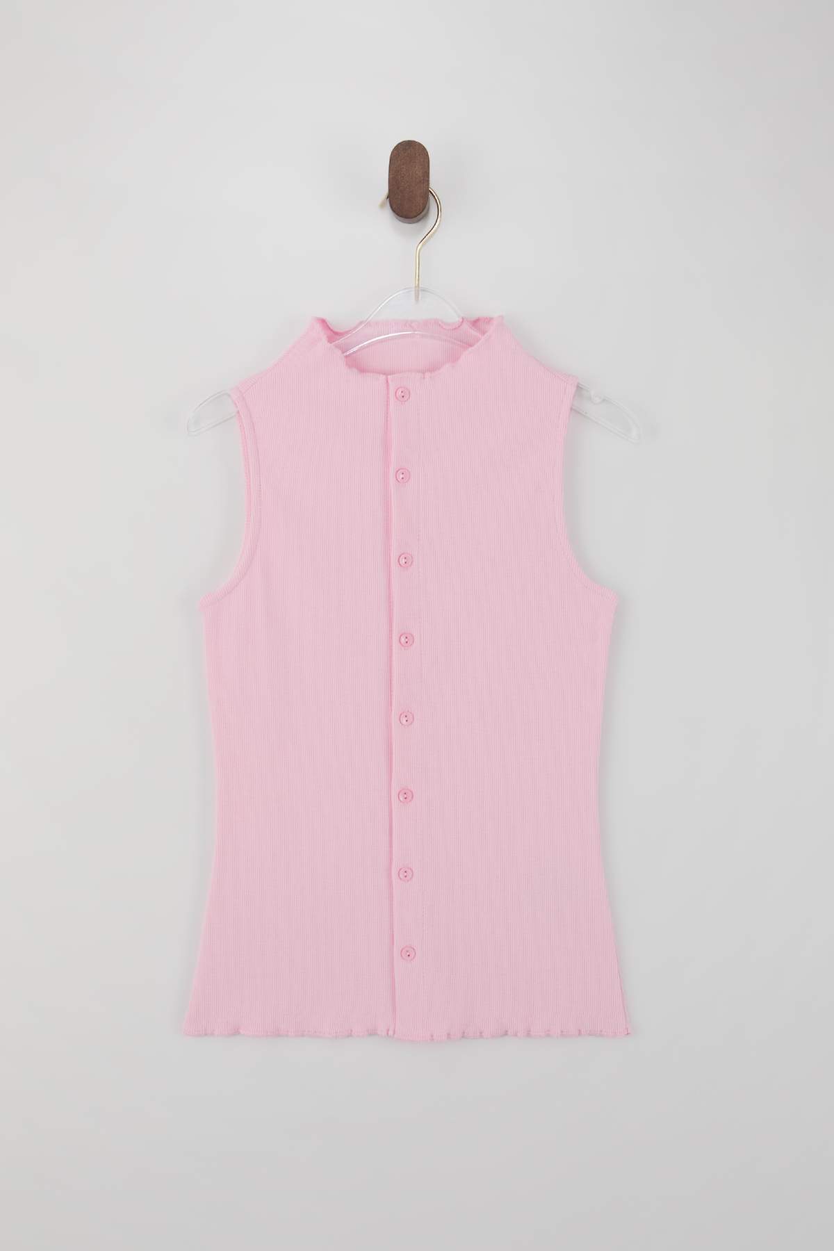 Trendyolmilla  Wardrobe Essentials-Açık Pembe Fitted Düğmeli Volanlı/Fırfırlı Esnek Örme Bluz TWOSS26BZ00171 - Görsel 5