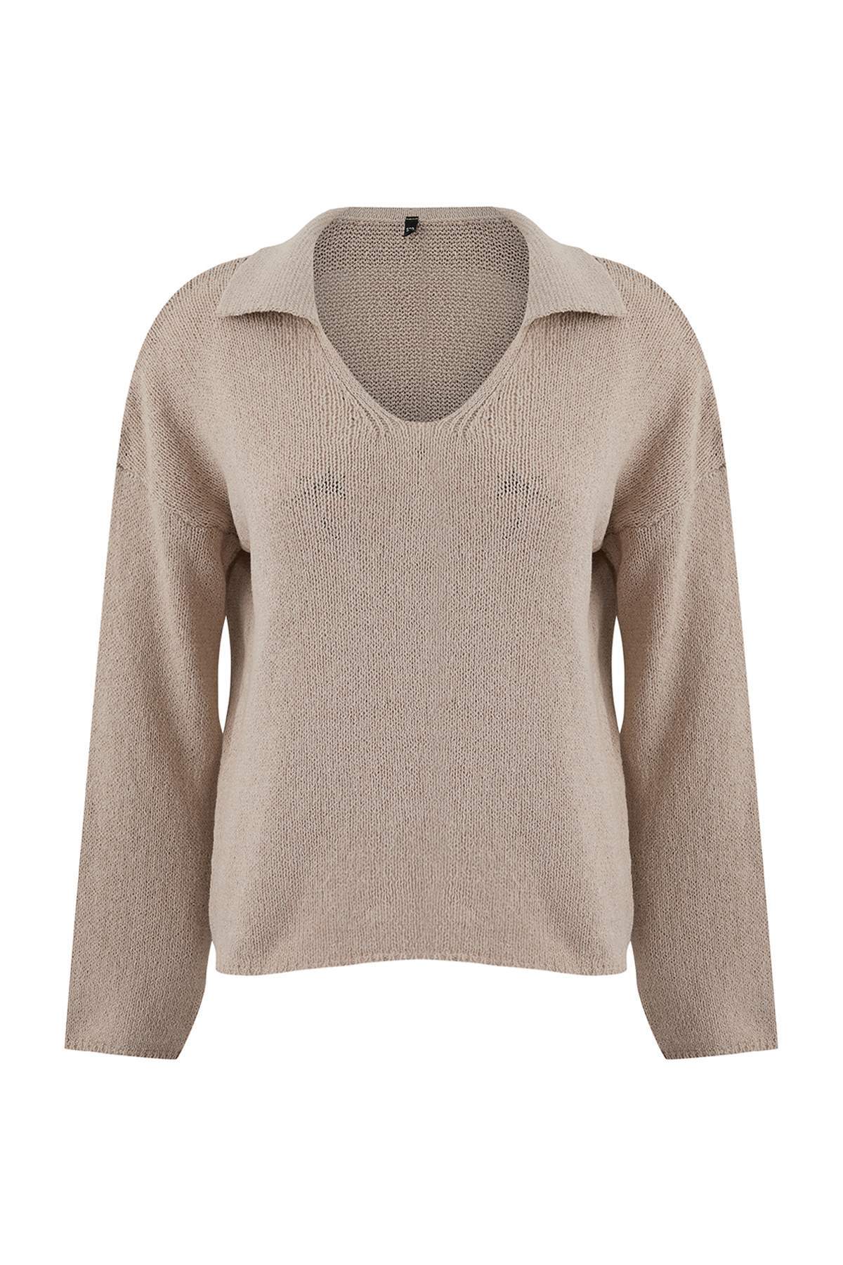 Trendyolmilla  Wardrobe Essentials Vizon Geniş Kalıp Bluz Görünümlü Triko Kazak TWOSS26KZ00001 - Görsel 5