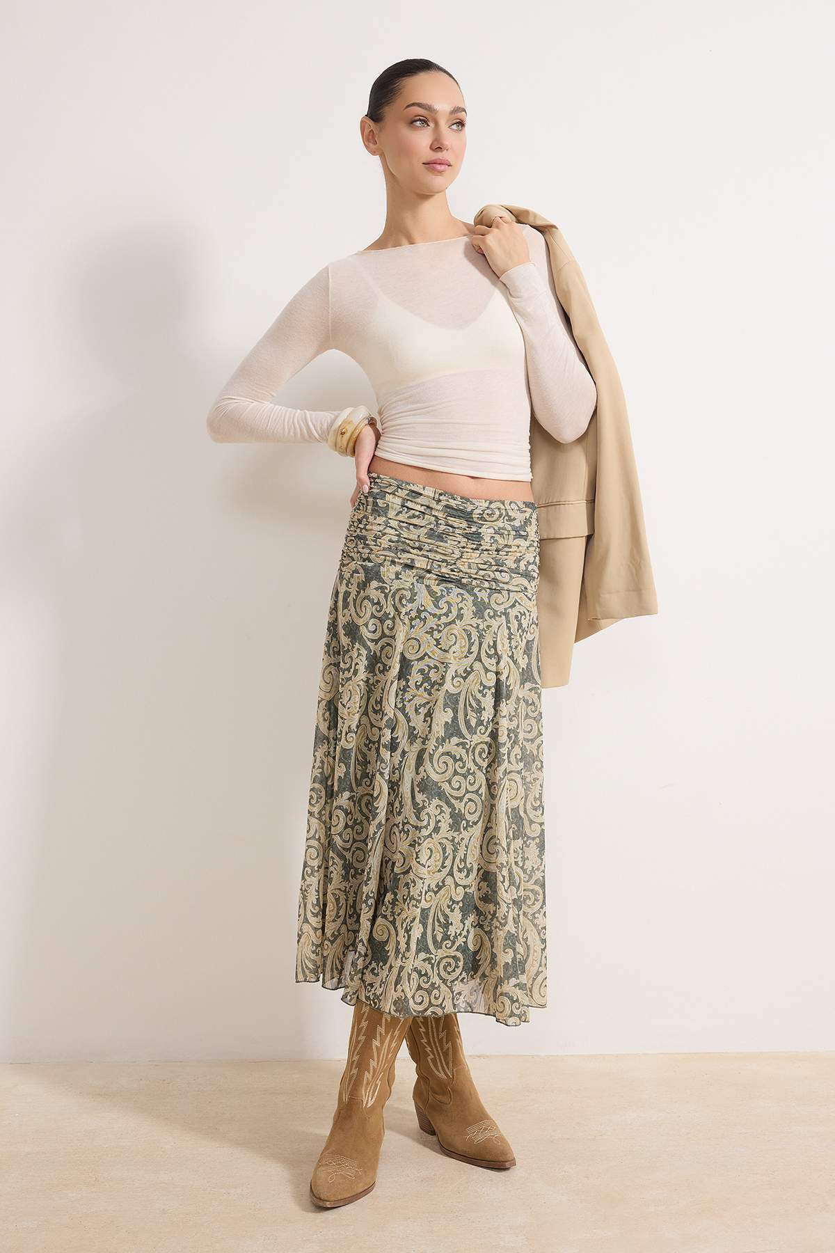 Trendyolmilla  Haki Maxi Büzgü/Drape Detaylı Boho/Boho Chic Basklılı Tül Esnek Örme Etek TWOAW26ET00122