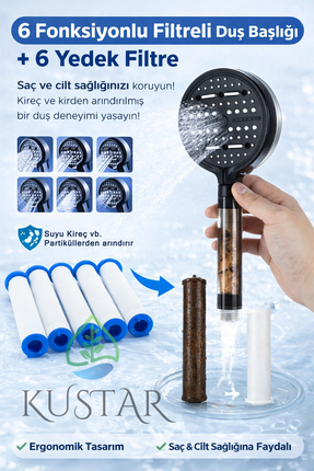 KUSTAR PureFlow Filtreli Duş Başlığı | 6 Adet Yedek Filtre | Kireç Önleyici |...