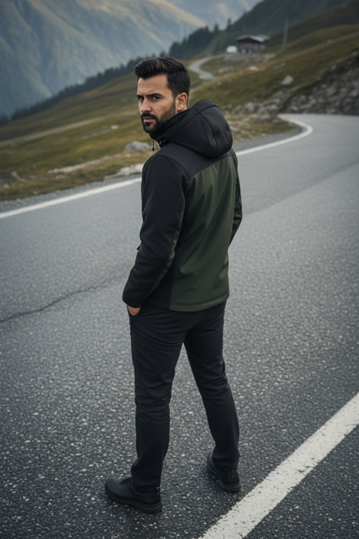 SNOWMOUNT Siyah Haki Renk Softshell Sök Tak Kapüşonlu Kışlık Polarlı Mont Ceket görsel 5