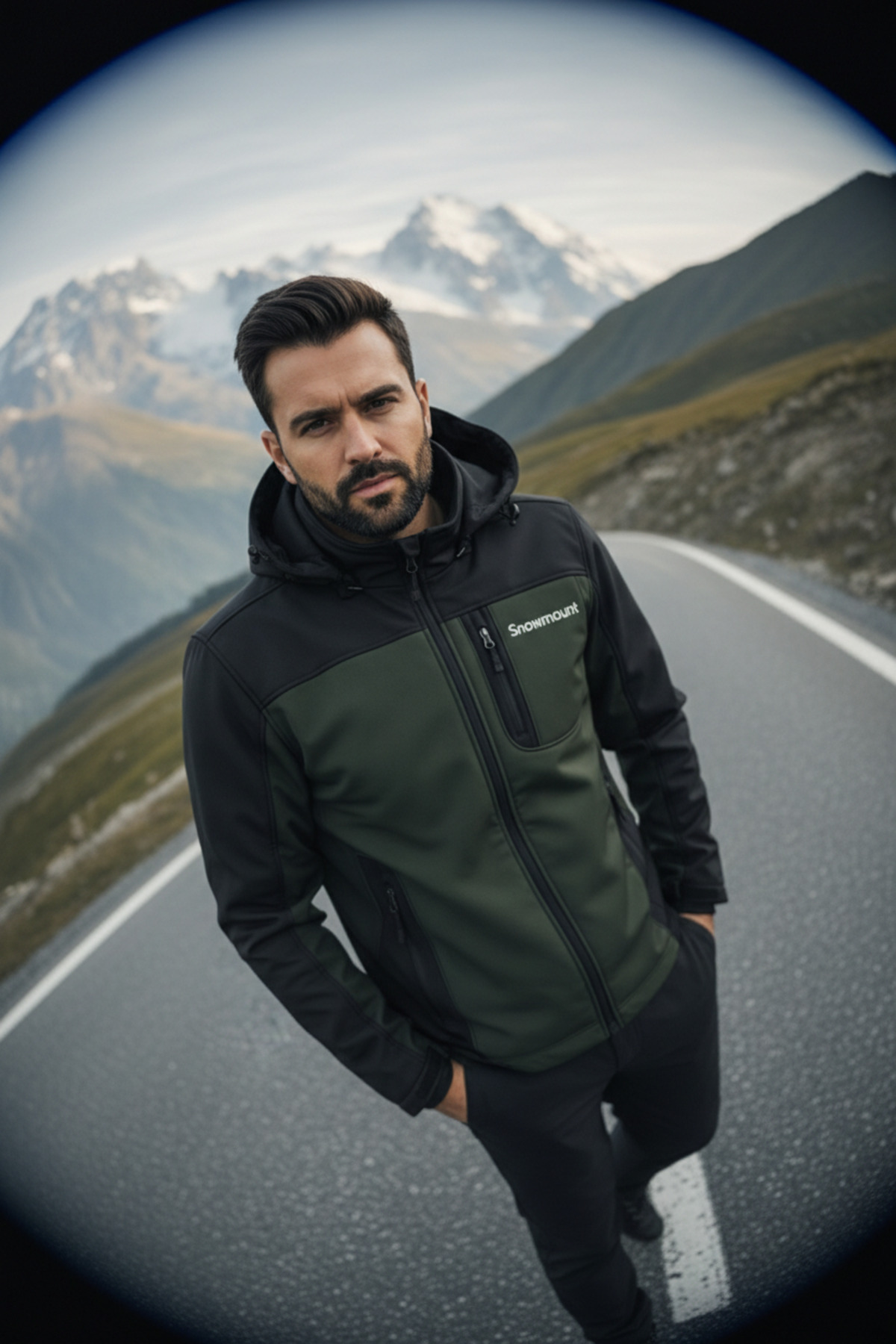 SNOWMOUNT Siyah Haki Renk Softshell Sök Tak Kapüşonlu Kışlık Polarlı Mont Ceket görsel 4