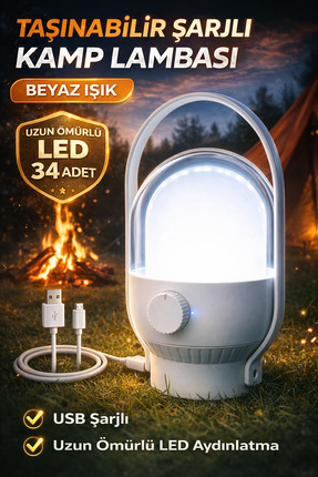 Ecuy Taşınabilir Şarjlı Kamp Lambası Beyaz Işık – USB Şarjlı, Uzun Ömürlü LED...